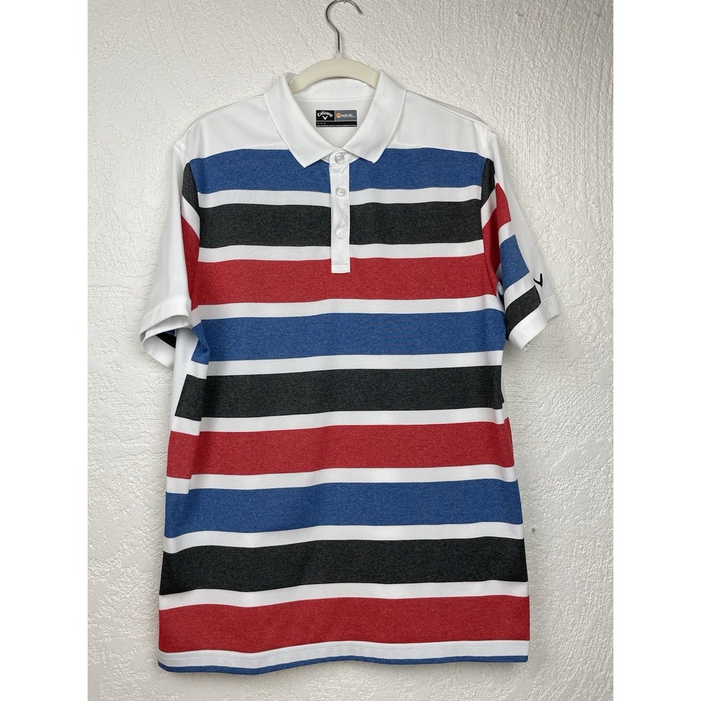 Callaway Polo Shirt Mens Medium Blue Red White Striped OptiDri Golf Rugby Casual